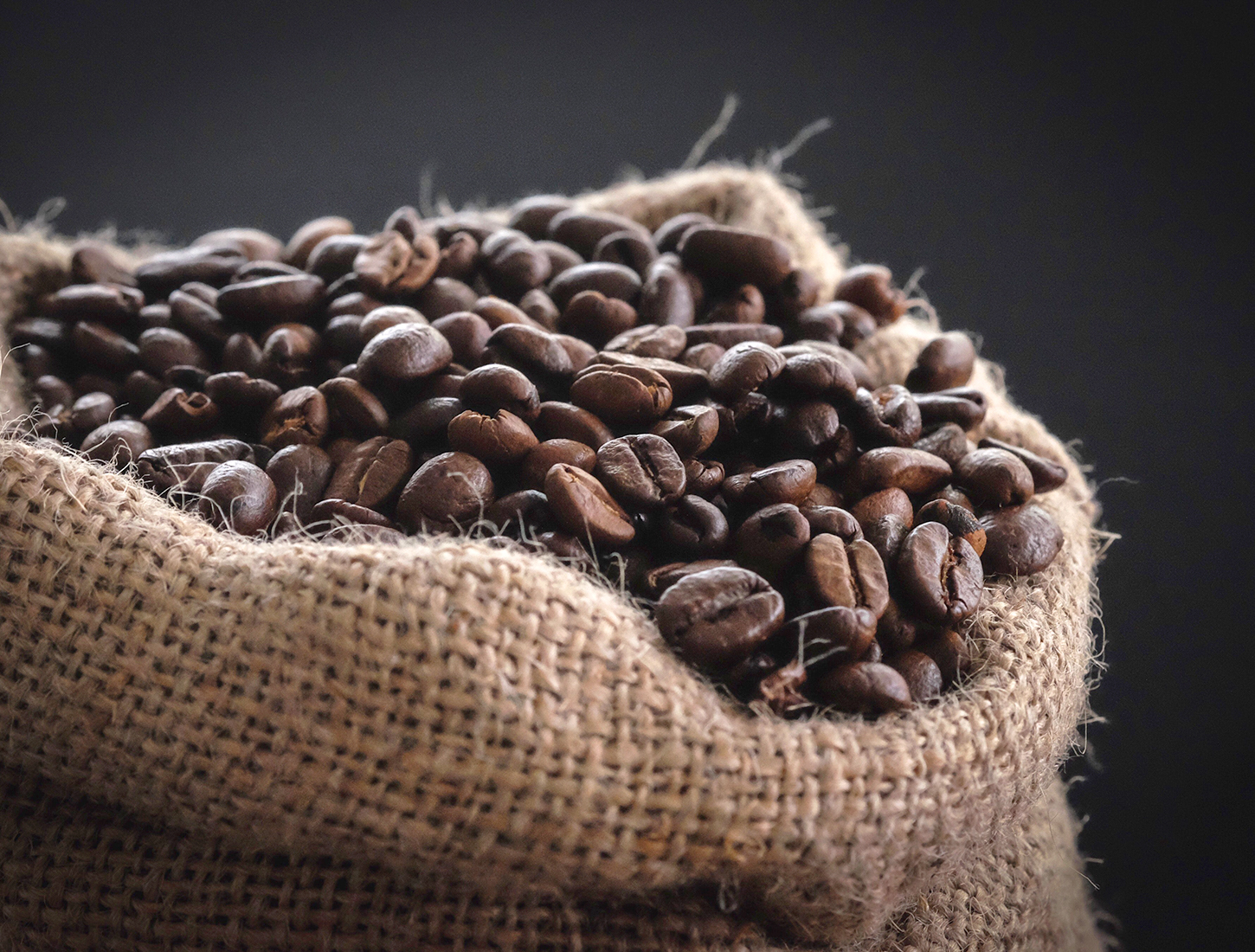 Roasted coffee beans in a burlap sack